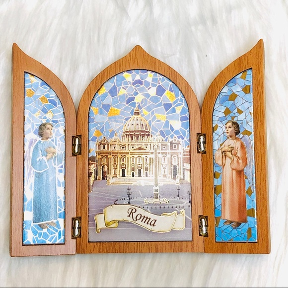 Vintage Rome Italy Saint Peters Basilica Vatican City Wood Triptych Gold Accents